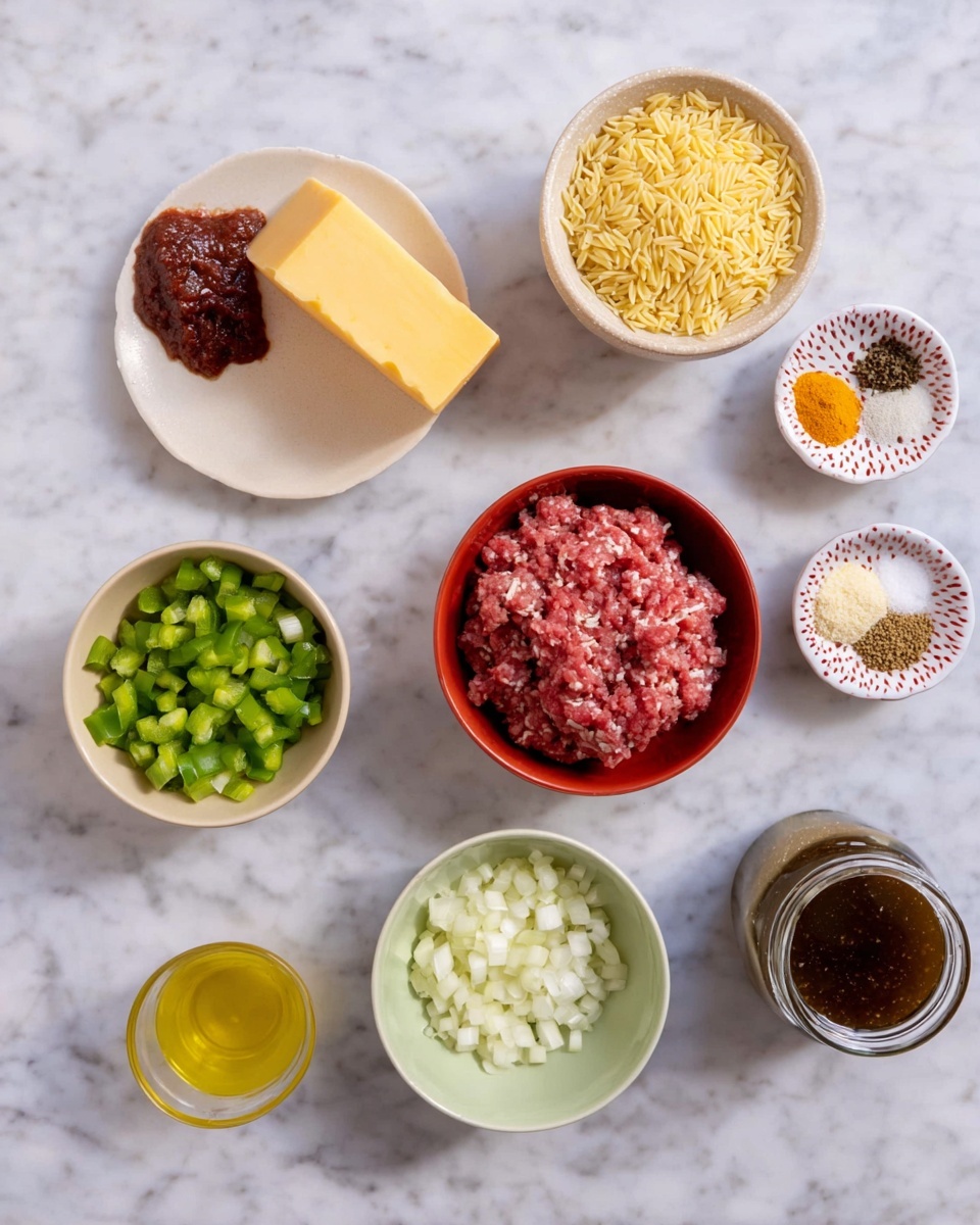 The image shows a top view of several small bowls and a jar placed on a white marbled surface. There is one red bowl filled with raw minced meat positioned near the center right. Below it and slightly to the left, a beige small bowl contains uncooked orzo pasta with a pale yellow color. To the left of the orzo, a light green bowl holds finely chopped shallots that are white and pale purple. Above it and slightly right, a white bowl is filled with chopped green bell peppers. At the top left, a small round plate contains a dark red paste, next to it is a block of yellow cheese placed vertically. Below the cheese, a glass bowl with a golden yellow liquid, likely oil, is shown. Next to that, a tiny white bowl holds minced garlic. At the far right top corner of the image, a patterned white bowl displays various spices in small piles with shades of white, yellow, brown, green and orange. Finally, on the far right, a jar filled with a dark brown liquid is placed. Photo taken with an iphone --ar 4:5 --v 7