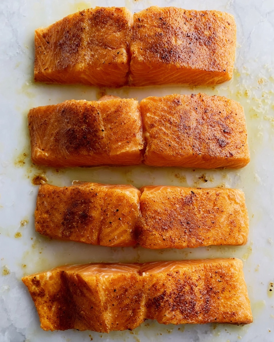 Caribbean-Style Coconut Curry Salmon Recipe 6 The image shows four pieces of cooked salmon fillets arranged in a single vertical line on a white surface with a marbled texture. Each fillet is a rich orange color with a slightly browned, seasoned crust on top, showing light grill marks and subtle oily sheen. The texture of the fish looks tender and flaky, and some areas have a few cracks or breaks. The white marbled background has light spotting of oil and seasoning around the edges of the salmon pieces. photo taken with an iphone --ar 4:5 --v 7