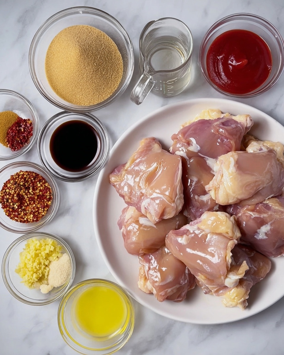 A white plate on the right side is filled with raw chicken thighs that have a shiny surface and pale pinkish color with white fat patches. On the left side of the image, various small clear glass bowls and a measuring cup hold different ingredients: a bowl with light brown sugar, a smaller bowl with light yellow minced ginger, a bowl of dark soy sauce with a smooth texture, a small bowl with chili flakes, a bowl of minced garlic that's pale yellow, a measuring cup with pale yellow oil, a bowl with bright red ketchup, and a bowl with light yellow lemon juice. All items are placed on a clean white marbled surface. photo taken with an iphone --ar 4:5 --v 7