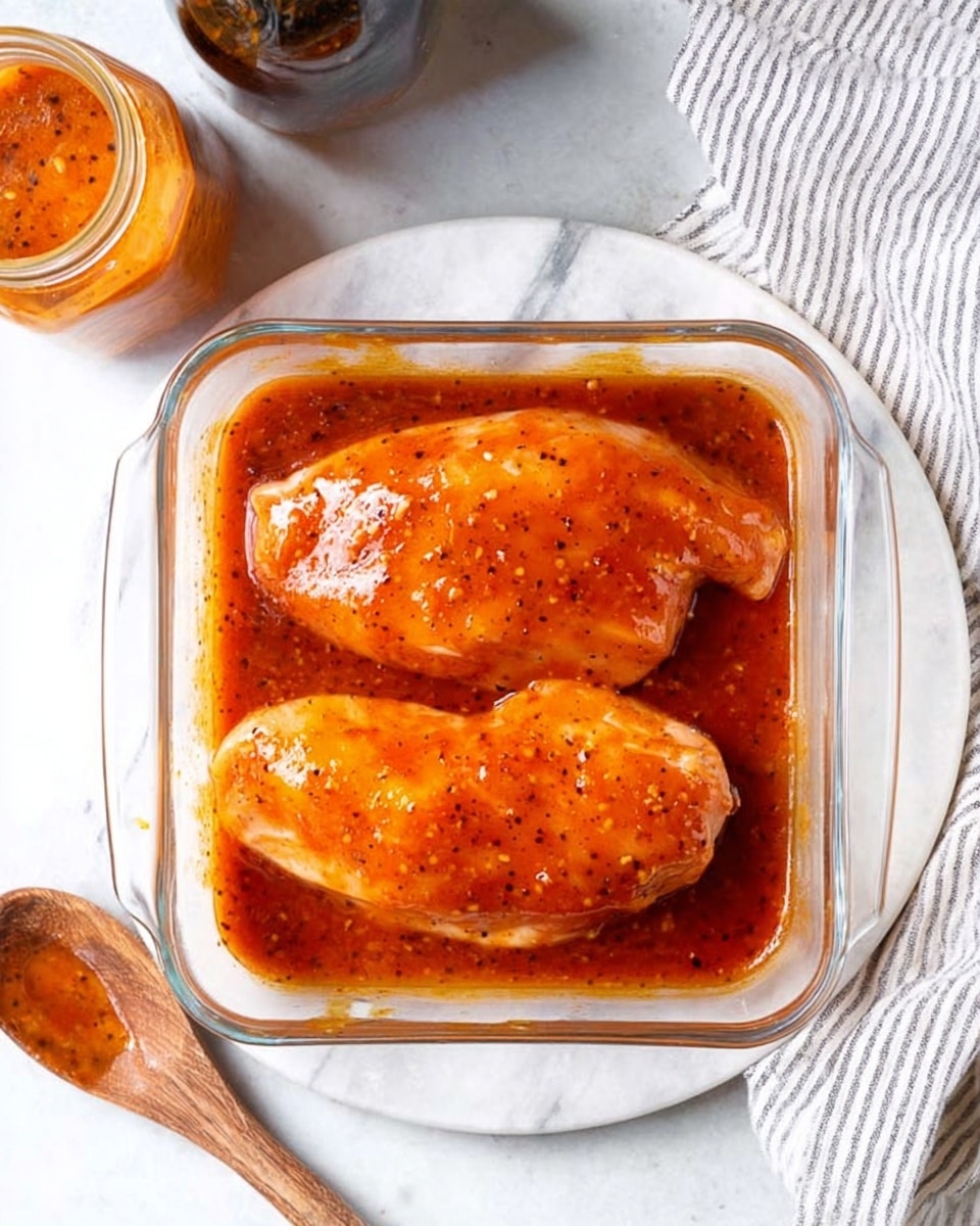 Two pieces of raw chicken lay flat in a clear square glass dish, fully covered in a thick reddish-orange marinade with visible black pepper specks. The dish is placed on a round white marble board on a white marbled surface. At the top left, part of a glass jar with orange sauce and a bottle with dark liquid are visible. At the top right, a striped white and gray cloth is folded. A wooden spoon with some sauce is at the bottom left corner. A woman's hand is not visible but this setup shows preparation for cooking. photo taken with an iphone --ar 4:5 --v 7
