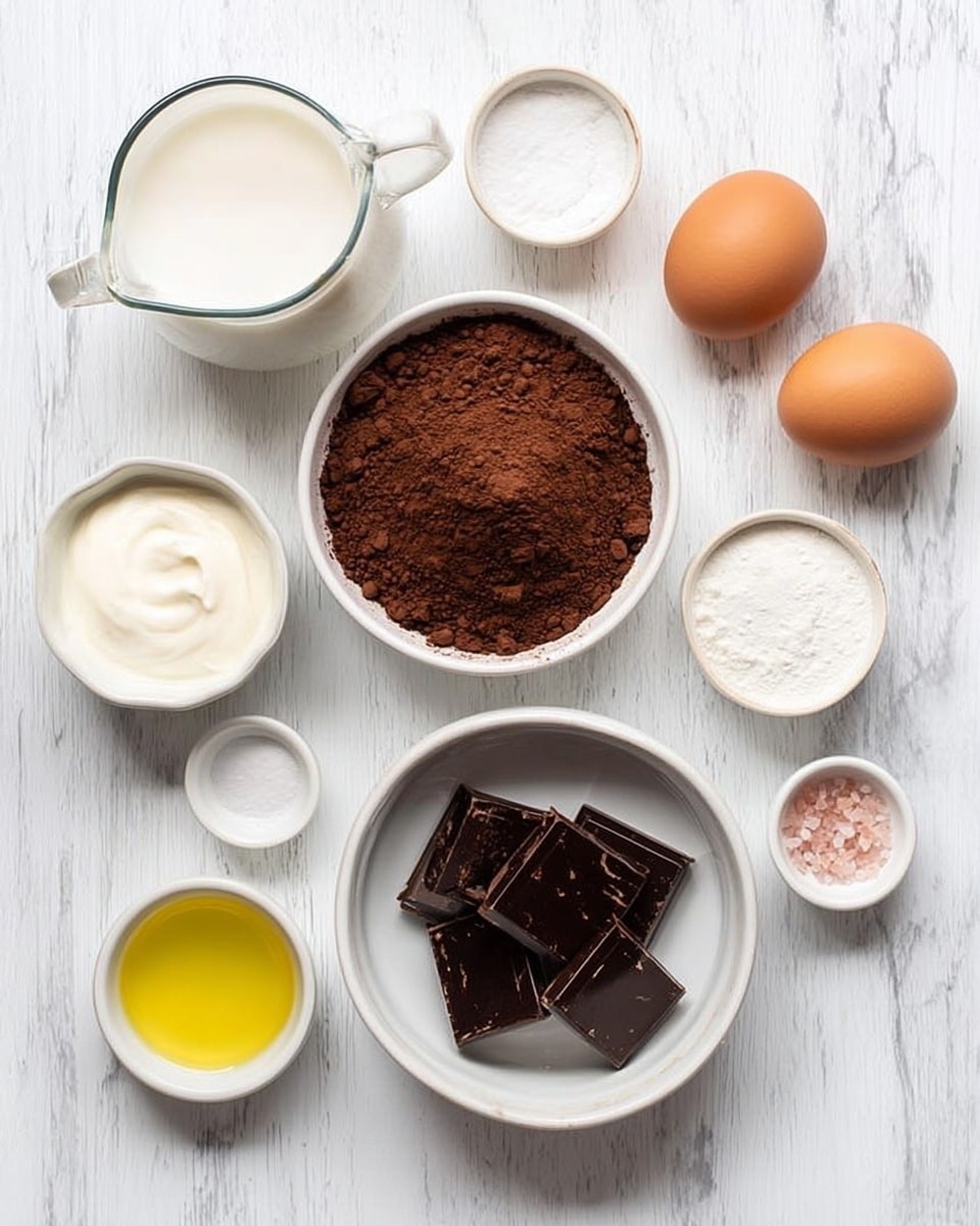 A white wooden table with seven white bowls and dishes arranged neatly. The largest bowl in the center holds dark brown cocoa powder with a fine texture. To the right, a medium white bowl contains square pieces of dark chocolate with a shiny surface. Two brown eggs are placed side by side near the top right. On the top left, a small white bowl filled with white sugar sits next to a small glass pitcher of white cream. Below them, a small white bowl with a yellow liquid, likely vanilla extract, and a small white dish with fine white powder, probably baking powder, and another tiny white dish with pink salt complete the setup. The background is a clean white marbled texture. Photo taken with an iphone --ar 4:5 --v 7