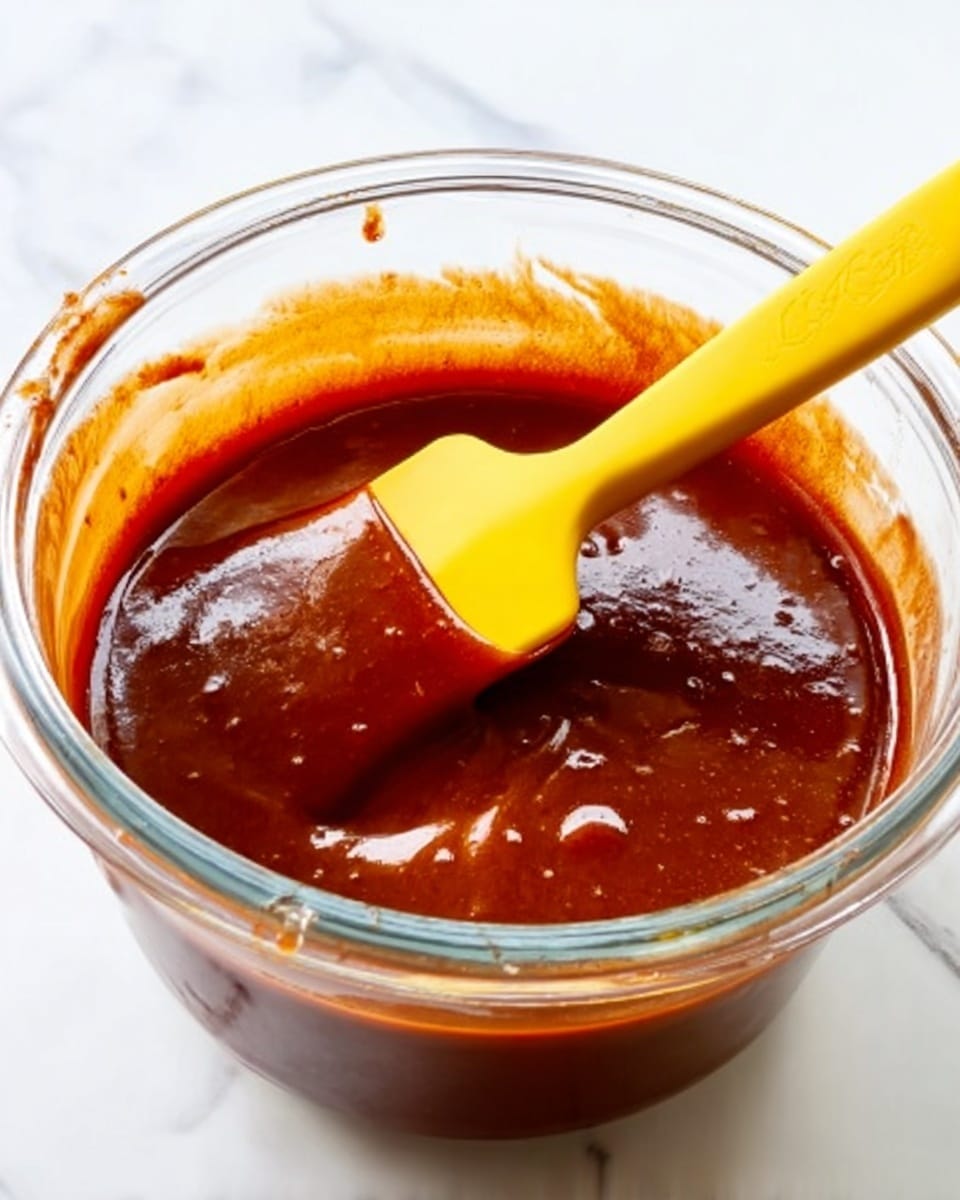 A clear glass bowl filled with thick, shiny reddish-brown sauce with smooth texture and tiny bubbles on the surface. A bright yellow spatula is resting inside the bowl, partly covered with the sauce, showing some sauce dripping from its edge. The bowl is placed on a white marbled surface. photo taken with an iphone --ar 4:5 --v 7