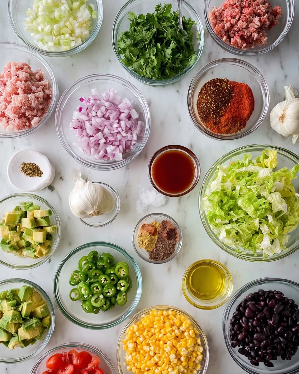 A top-down view of many clear glass bowls filled with different ingredients arranged neatly on a white marbled surface. The bowls contain, clockwise from top left: pink chopped shallots, chopped fresh cilantro leaves, a whole peeled garlic clove, red chili flakes, pink ground meat, a dark brown spice, a reddish-brown chili powder, chopped green onions, chopped jalapeño, chopped avocado, shredded cheddar cheese, chopped lettuce, halved grape tomatoes, chopped white onion, yellow corn kernels, black beans, a small bowl of salt, minced garlic, a cup of red liquid, a cup of olive oil, and a small cup of a lighter yellow oil. Every bowl is smooth and clear with visible textures and colors. photo taken with an iphone --ar 4:5 --v 7