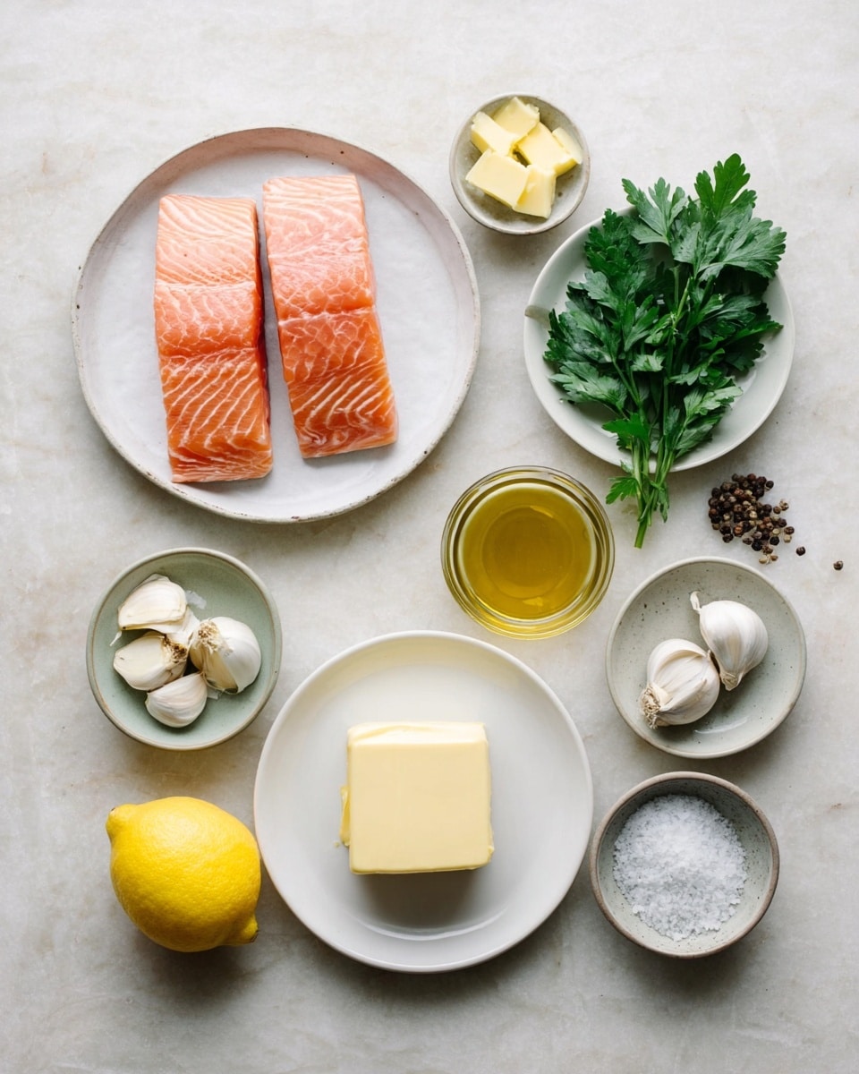 The image shows fresh cooking ingredients neatly arranged on a white marbled surface. At the top center, there is a white plate with two raw pink salmon fillets, each displaying natural fish lines. Surrounding this, on the left is a small white bowl with a soft yellow butter portion, and on the right, a small white plate holds fresh green parsley leaves. Below the salmon plate, in the middle, a white plate has a block of pale butter. To the left of that is a white plate with one bright yellow lemon. To the right, a small white bowl contains several garlic cloves. Below these, a glass container with golden olive oil stands in the center, flanked by two small white bowls—one filled with coarse white salt and the other with whole black peppercorns. The setup is clean and simple, perfectly displaying each ingredient clearly. photo taken with an iphone --ar 4:5 --v 7