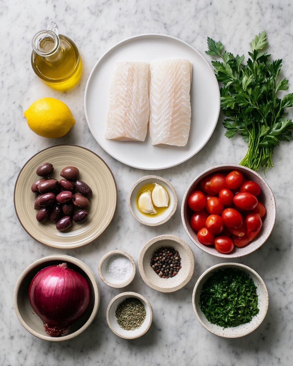 The image shows ingredients arranged neatly on a white marbled surface. At the center top, two pieces of raw white fish are placed side by side on a white plate. To the left of the fish, a whole yellow lemon sits on a small white plate with a glass bottle of olive oil below it. Below the olive oil, there is a small white plate holding several garlic cloves. To the right of the fish, a white bowl filled with shiny red cherry tomatoes beside a small white plate with fresh green parsley. Below the parsley, there is a small bowl with green dried herbs. Below the fish and slightly to the left, a small white bowl contains dark purple olives. To the left of the olives, a round beige bowl holds a whole red onion at the center. Below the bowls of herbs and olives, two small white bowls hold salt and black peppercorns respectively, arranged side by side. The layout is clean and simple, with a focus on fresh, colorful ingredients. Photo taken with an iphone --ar 4:5 --v 7