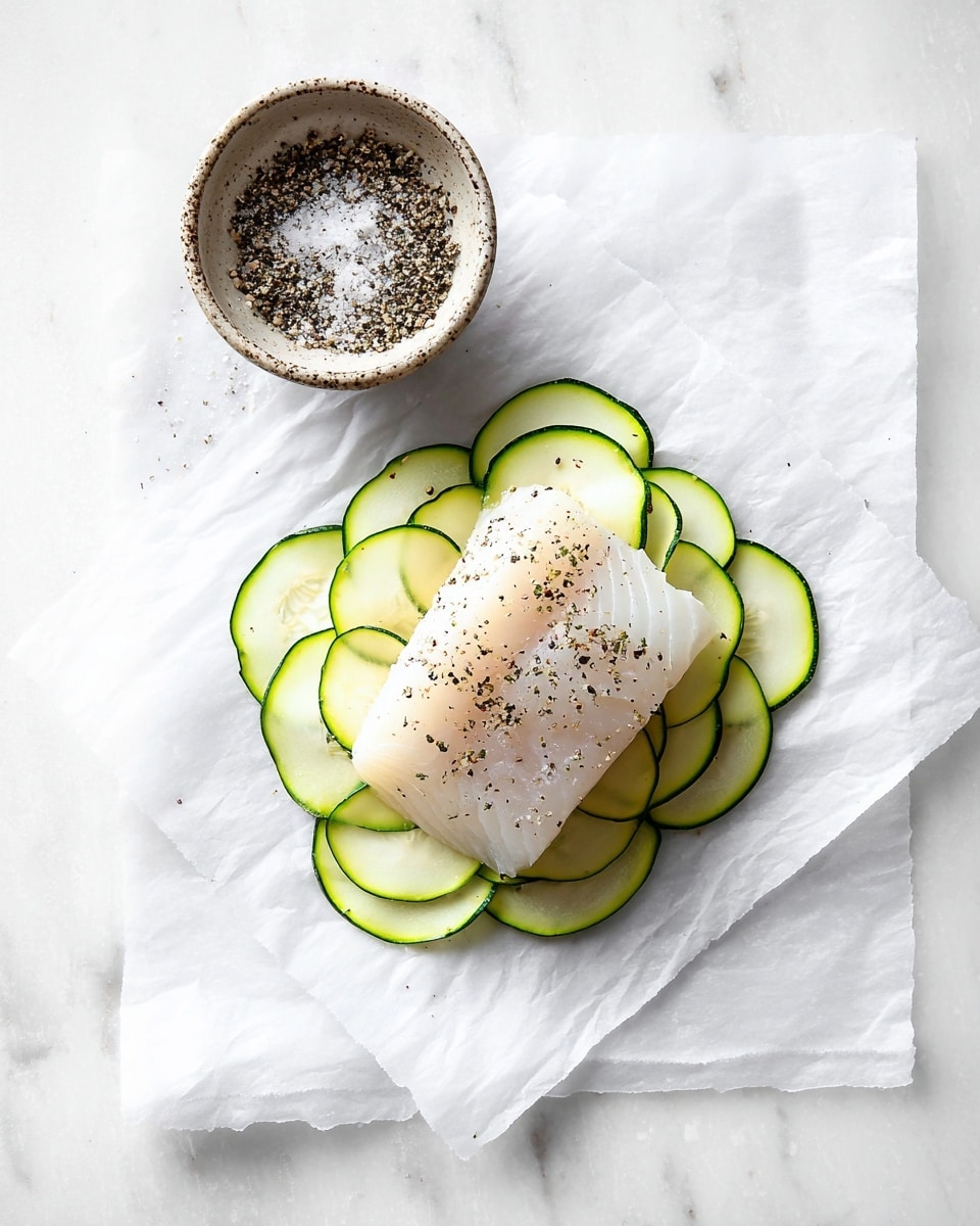 A fresh piece of raw white fish fillet lies in the center on a layer of thin, light green zucchini slices arranged in a flower shape with eight petals visible. The fish is sprinkled with coarse black pepper. Above the fish, there is a small rustic ceramic bowl with a mix of coarse salt and ground black pepper. All the items are placed on a sheet of white parchment paper over a white marbled surface, giving a clean and bright look. photo taken with an iphone --ar 4:5 --v 7