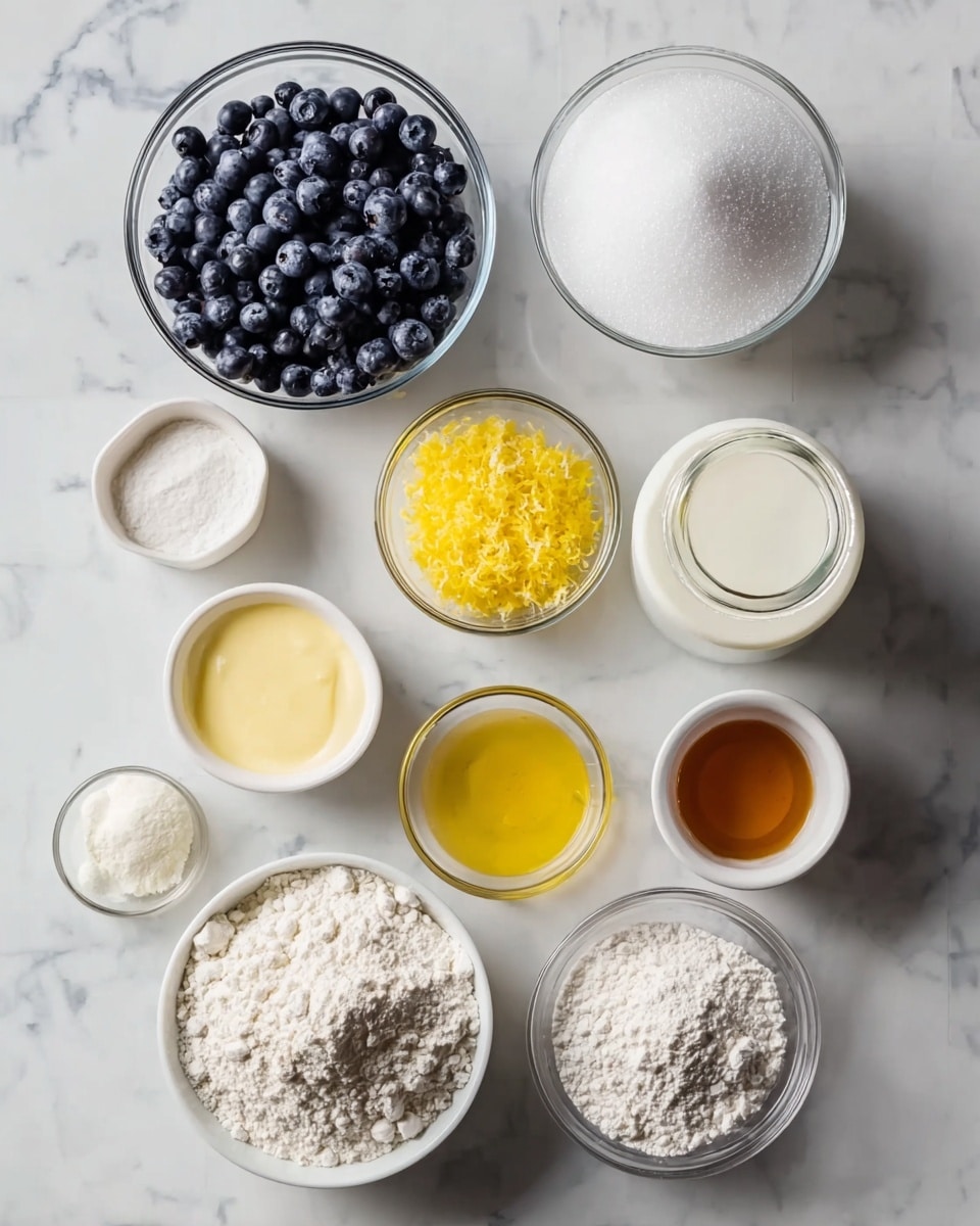 The image shows a top view of ten small bowls and a jar of milk arranged on a white marbled surface. Starting from the top left, there is a glass bowl filled with fresh dark blue blueberries. Next to it, a white bowl holds a large amount of white sugar. To the right is a clear glass jar with white milk inside. Below the blueberries is a small glass bowl with bright yellow lemon zest. Next to it is a clear glass bowl with pale yellow liquid, likely egg whites. Below the lemon zest and to the right is a small white bowl containing a light brown liquid, probably maple syrup or vanilla. To the right is a small white bowl with white flour. At the bottom center, a larger white bowl is filled with white flour, and beside it is a small clear glass bowl with white powder, possibly baking powder or powdered sugar. In the middle, a clear glass bowl holds a golden oil-like liquid. All items are neatly arranged in a grid pattern on the surface. photo taken with an iphone --ar 4:5 --v 7