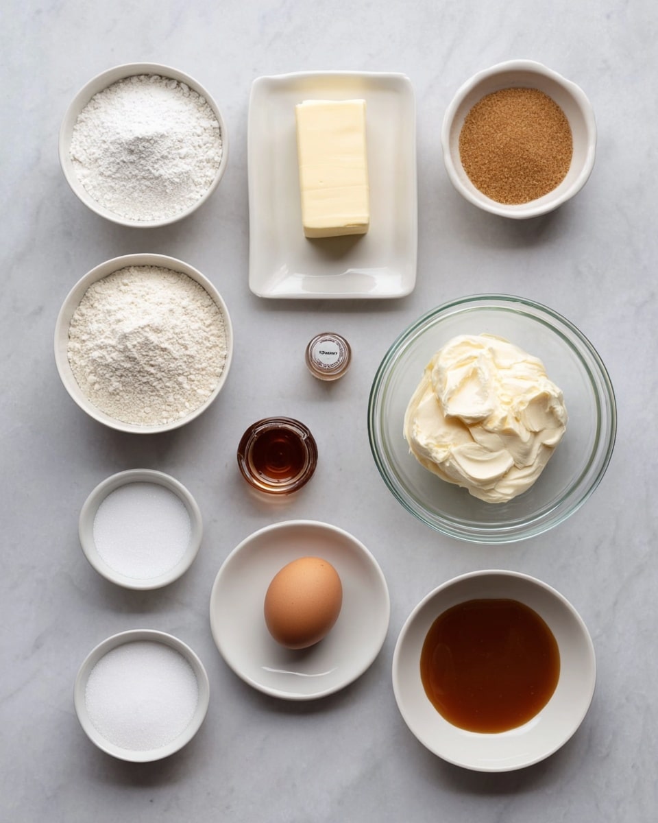 The image shows nine different ingredients arranged neatly on a white marbled surface. On the top row, there are three small white bowls filled with white flour, white sugar, and brown sugar from left to right. The middle row has a white plate with a stick of butter on the left, a clear glass bowl with cream cheese in the center, and a small clear bottle with vanilla extract on the right. On the bottom row, from left to right, there is a small white bowl with baking powder, another small white bowl with salt, a small white plate with a single brown egg, and a small clear bowl filled with caramel sauce. All items are spaced evenly creating a clean and organized look. Photo taken with an iphone --ar 4:5 --v 7
