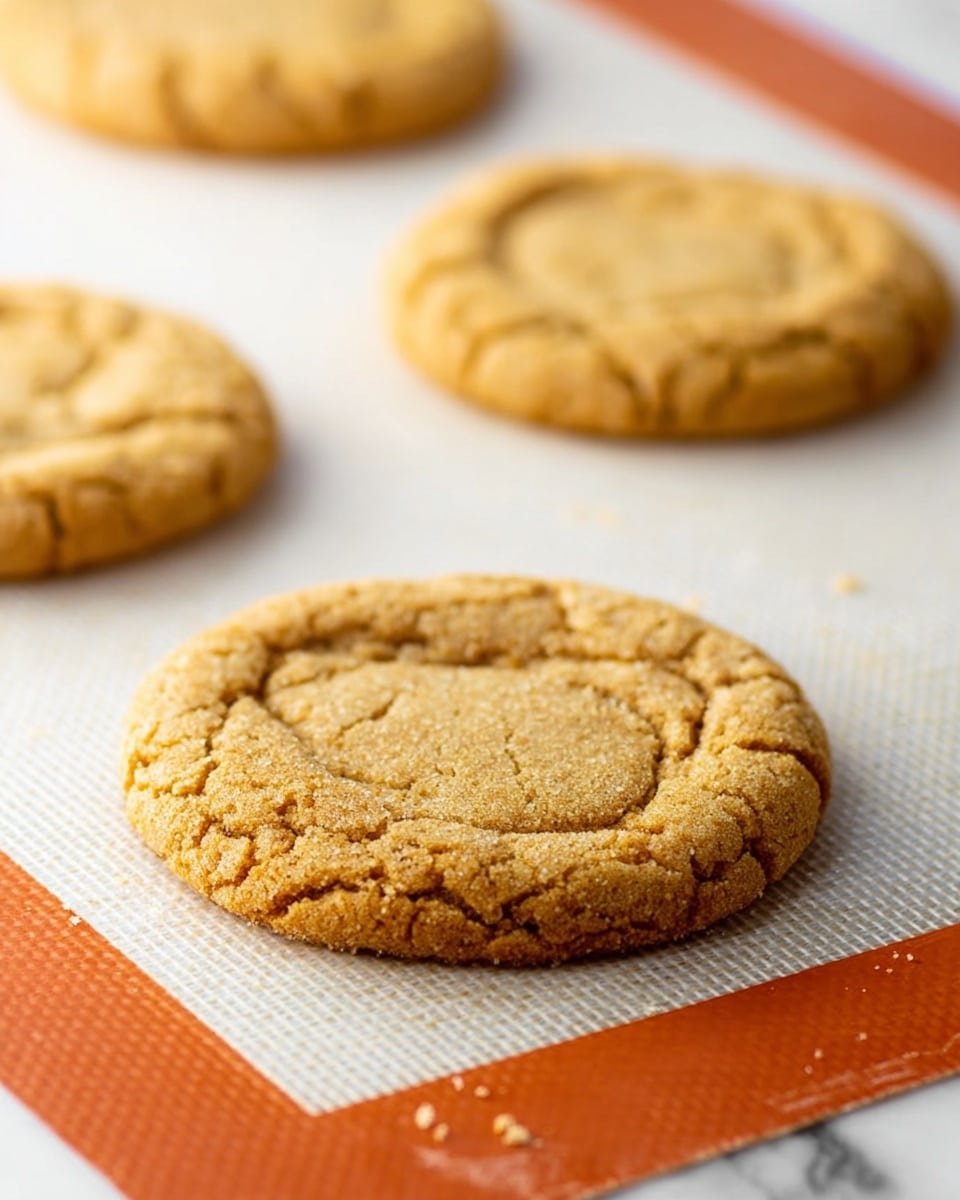 The image shows four golden-brown cookies on a white baking mat with an orange border, placed on a white marbled surface. Each cookie is round with a slightly cracked texture on the top and rough edges, showing a crunchy appearance. The cookies are evenly spaced, and the focus is on the closest cookie, which reveals small crumbs and a slightly crumbly texture. The background is softly blurred, emphasizing the foreground cookie. photo taken with an iphone --ar 4:5 --v 7