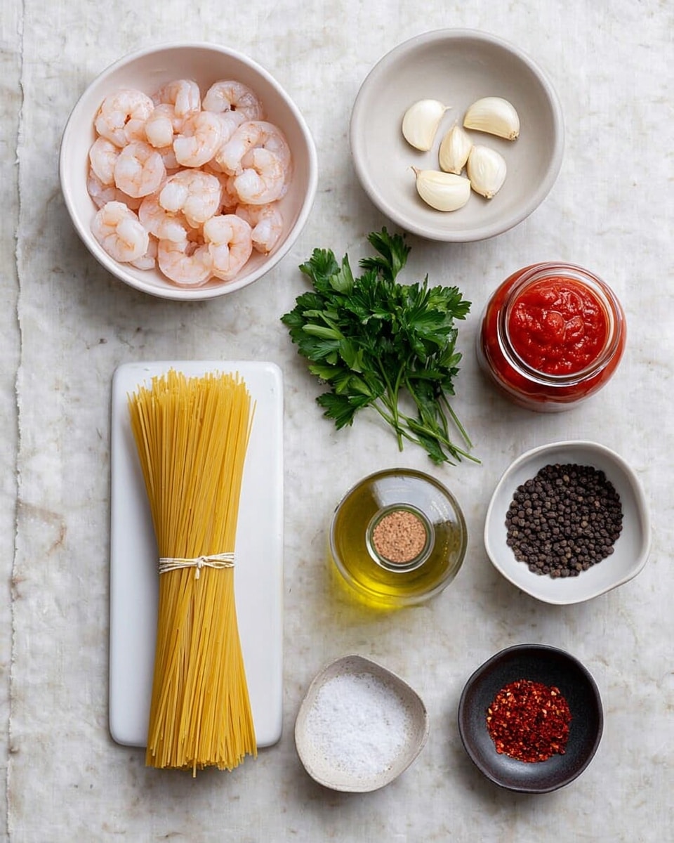 The image shows various cooking ingredients arranged neatly on a white marbled textured surface. At the top left is a white bowl filled with light pink cooked shrimp. To its right is another white bowl holding several peeled garlic cloves. Further right is a small round plate with fresh green parsley leaves. In the center left is a white rectangular plate holding a bundle of uncooked yellow spaghetti tied with a light string. To the right of this plate is a small glass jar filled with red tomato sauce, and below it is a clear glass bottle with olive oil sealed with a cork. At the bottom left is a white bowl with coarse white salt, next to it is another white bowl filled with black peppercorns, and to the right is a small dark bowl containing red chili flakes. All items are spaced evenly and the colors are soft and natural. Photo taken with an iphone --ar 4:5 --v 7