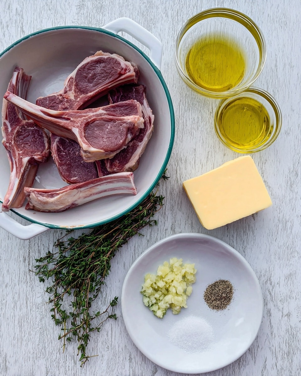 The image shows a white enamel bowl on the left side filled with six raw lamb chops with visible marbled fat and bone handles. To the right, on a white marbled textured surface, there are three clear glass bowls: the top one contains light yellow olive oil, the middle bowl holds a medium-sized block of yellow butter, and next to these bowls is a small white plate with four sections. The plate holds minced garlic in the bottom left section, fresh green thyme and rosemary sprigs on the top half, ground black pepper in the bottom center, and white coarse salt in the bottom right section. Photo taken with an iphone --ar 4:5 --v 7