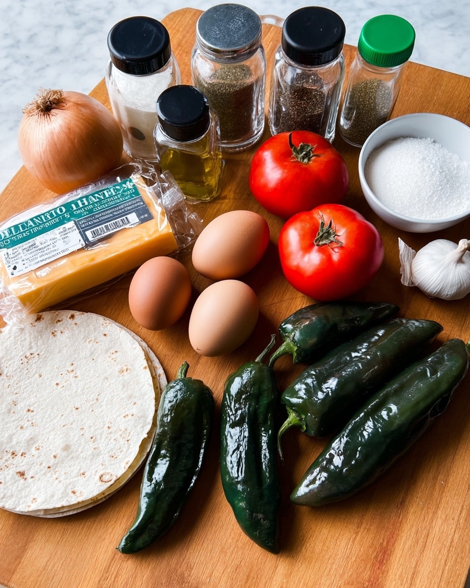 The image shows a wooden surface with several fresh ingredients neatly arranged: four dark green poblano peppers with shiny skin sit on the right side, three brown eggs are placed near the center, and three ripe red tomatoes with smooth skin form a small cluster. To the left, there is a round white corn tortilla along with a block of Monterey Jack cheese wrapped in plastic. Behind these, a whole yellow onion and two garlic cloves are placed. Along the back edge, various containers include a bottle of chicken bouillon, a bottle of cooking oil, jars of black pepper and sea salt, a small green jar of dried oregano, and two small white bowls—one with white flour and the other with a white liquid, possibly cream. The entire setup is on a white marbled surface. Photo taken with an iphone --ar 4:5 --v 7
