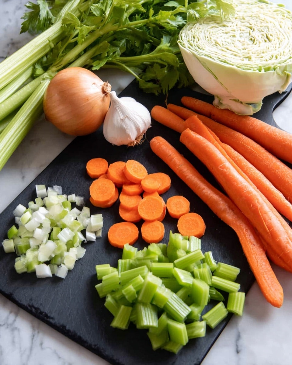 The image shows a black cutting board on a white marbled surface, filled with fresh vegetables. There are whole carrots on the right side and two whole carrots on the left side with small round slices of carrot in the center. Below the carrot slices, there are bright green celery pieces cut into small chunks. On the top left, there is a whole garlic bulb and one half of a brown onion with white inside, and behind these, some celery stalks with leaves. To the right behind the cutting board, there is a piece of white cabbage and green herb leaves creating a background. photo taken with an iphone --ar 4:5 --v 7