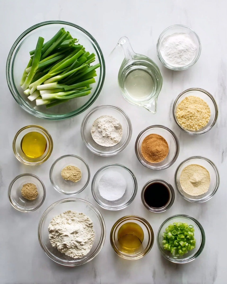 The image shows a collection of clear glass bowls and a small measuring cup arranged neatly on a white marbled surface. The largest bowl on the left holds long green pieces of chopped spring onions with white parts. Next to it, the small glass measuring cup contains clear liquid. Surrounding these are twelve smaller bowls, each with different ingredients: some have white powders like flour and cornstarch, others hold golden and light brown granules, some hold light yellow and dark brown liquids, and one contains chopped green onions. Everything is clean, organized, and easy to see. photo taken with an iphone --ar 4:5 --v 7