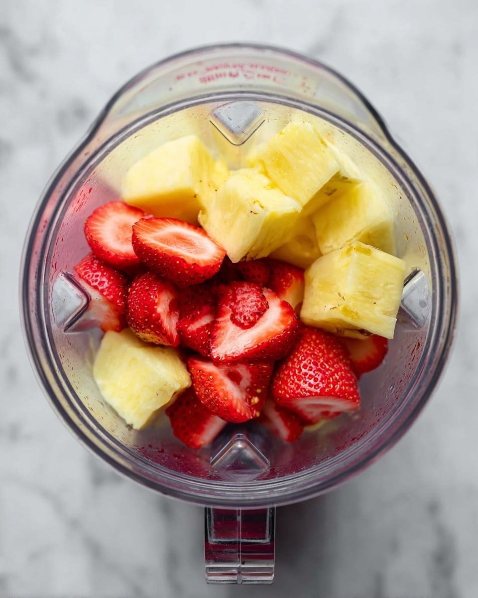 Inside a clear blender jar, there are two layers of fruit: the bottom layer is made up of pale yellow pineapple chunks, and the top layer consists of whole and halved bright red strawberries. The blender sits on a white marbled surface, visible around the jar's base and handle, and the image is taken from directly above, showing all the fruit clearly inside the jar. photo taken with an iphone --ar 4:5 --v 7