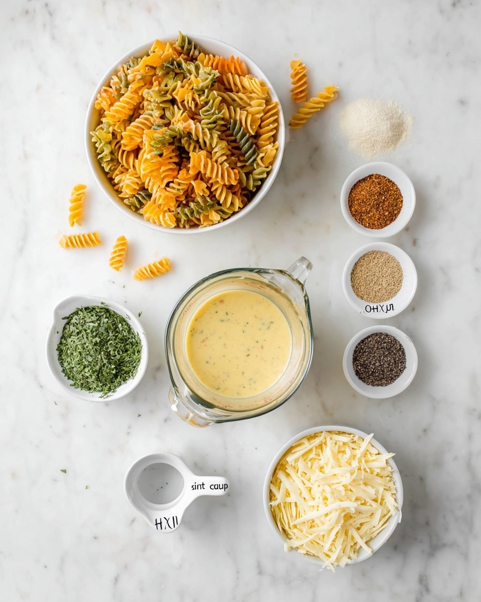 A top view of six ingredients on a white marbled surface. Top left shows a white bowl filled with yellow, orange, and green spiral pasta, with some pieces spilled around it. To the right, a white bowl holds four separate piles of spices in light brown, white, beige, and black colors. Below that, a glass measuring cup contains a creamy yellow sauce with visible small bits. At the bottom center, a white bowl is filled with a light yellow liquid. Bottom left has a small white measuring cup labeled
