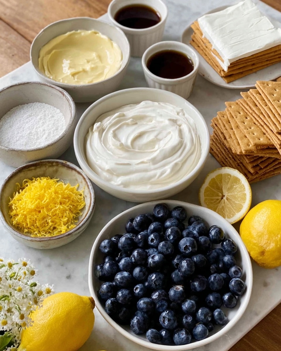 The image shows ingredients for a dessert arranged on a wooden table with a white marbled surface in the background. There is a medium white bowl filled with thick, swirled white cream placed near the center. To the right, there is a white plate stacked with square brown graham crackers. A rectangular block of smooth, white cream cheese sits in a small white bowl in the lower right. Blueberries fill a white bowl at the lower left, next to a small white bowl containing bright yellow lemon zest. Fresh yellow lemons, including one cut in half, are in a white scalloped bowl in the upper right. A small white bowl of dark vanilla extract and another bowl of pale yellow custard or cream are also included near the center left. Small white bowls with white powder, possibly sugar or salt, are placed near the edges. White flowers in a glass vase add a fresh touch to the top left corner. photo taken with an iphone --ar 4:5 --v 7