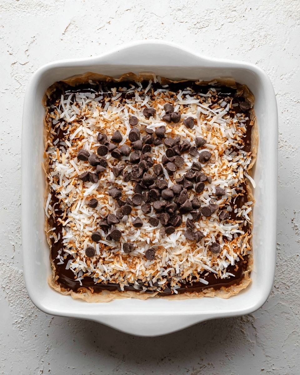 A square white baking dish lined with parchment paper holds a layered dessert starting with a light brown base layer. On top of this is a dark chocolate layer, smooth and thick, partially covered by a generous layer of toasted shredded coconut scattered evenly. Dark chocolate chips are spread over the top coconut layer, adding texture and contrast. The dish rests on a white marbled surface. photo taken with an iphone --ar 4:5 --v 7