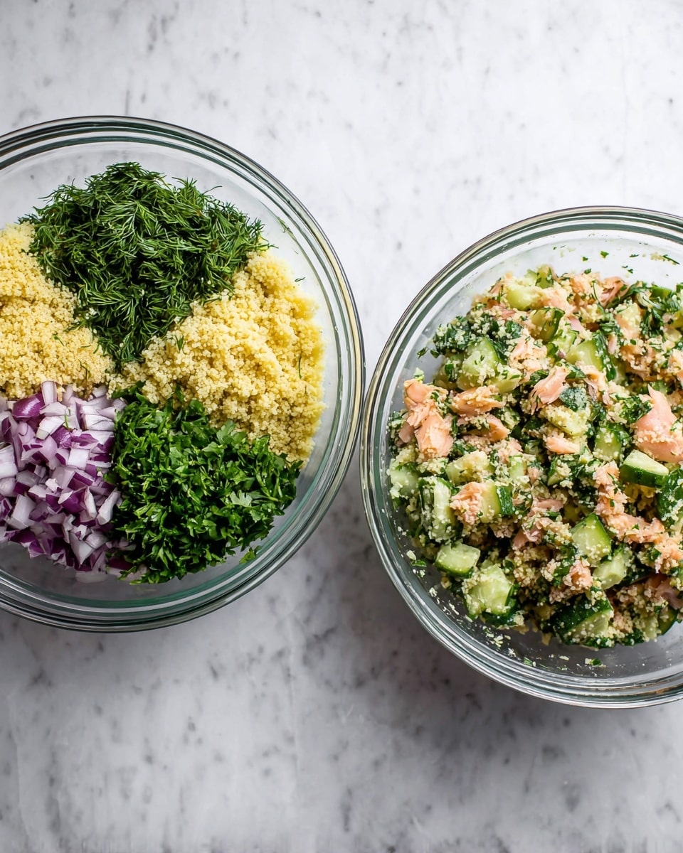 Two clear glass bowls sit side by side on a white marbled surface. The bowl on the left holds four distinct layers: a base layer of light yellow couscous, topped with chopped dark green leafy herbs in one section, finely chopped bright green dill in the next, small chunks of light green cucumber in another, and minced purple-red onion in the last section, all neatly separated. The bowl on the right shows a mixed salad of these same ingredients, blended evenly with a pale yellow couscous base interspersed with green herbs, cucumber pieces, purple onion bits, and pinkish-orange salmon flakes spread throughout. photo taken with an iphone --ar 4:5 --v 7