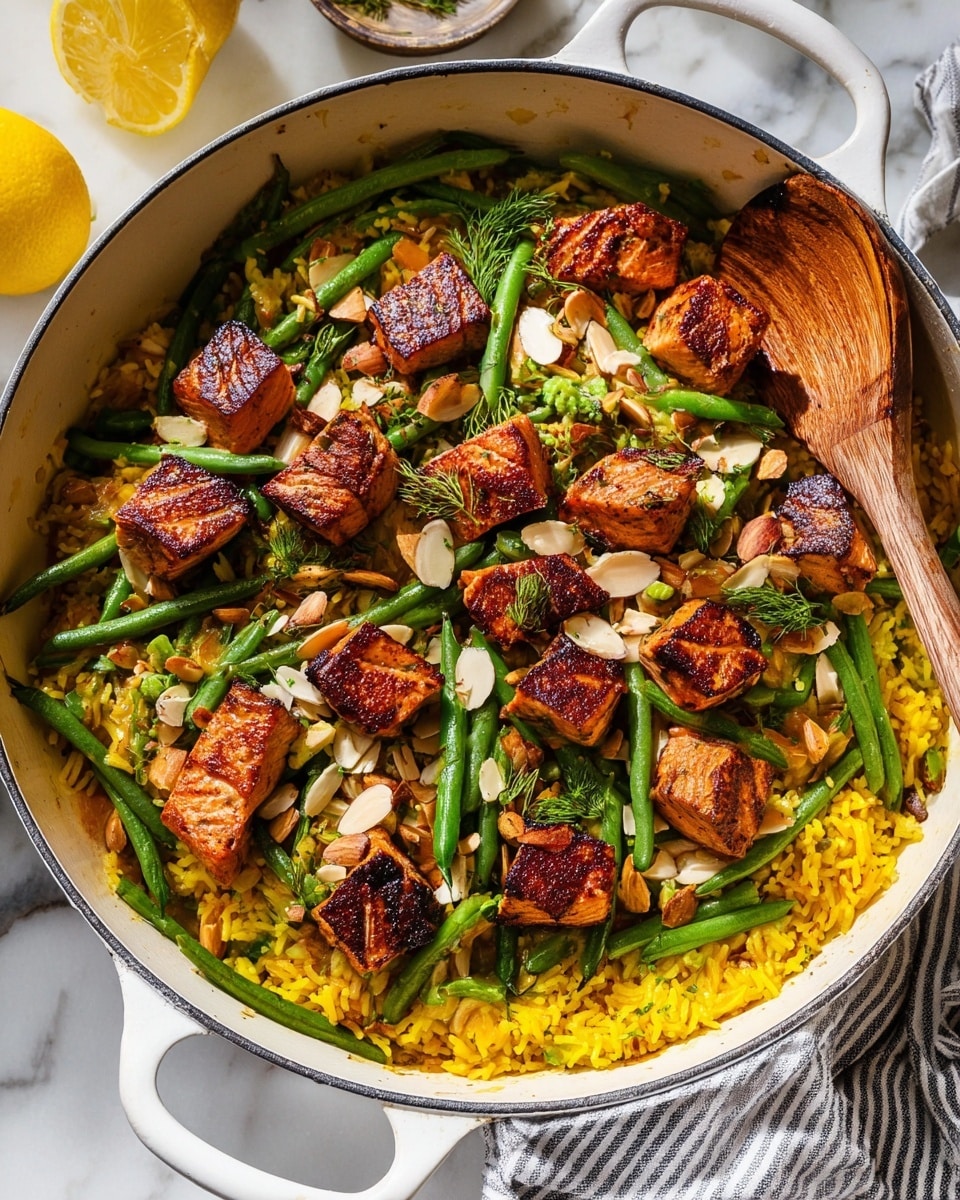 One Pan Sumac Salmon with Golden Rice and Green Beans Recipe
