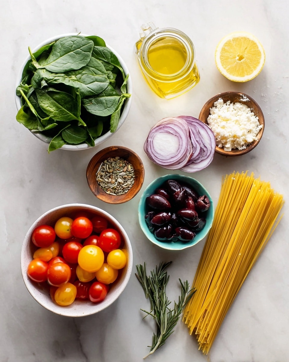 The image shows several bowls and ingredients arranged neatly on a white marbled surface. At the bottom left, there is a white bowl full of red and yellow grape tomatoes. Above it, a white bowl is filled with fresh green spinach leaves. To the right of the spinach bowl, half a lemon and two sprigs of rosemary lie next to it. On the top left, a small clear glass jar holds golden olive oil. Next to it, a small white bowl contains dark purple olives. Above that, a small wooden bowl holds mixed dried herbs and seeds. Another wooden bowl filled with white crumbled cheese is placed close by. Thin slices of red onion sit in a small white bowl near the lemon. At the bottom right, there is a bundle of uncooked spaghetti pasta displayed standing up in a container. Photo taken with an iphone --ar 4:5 --v 7