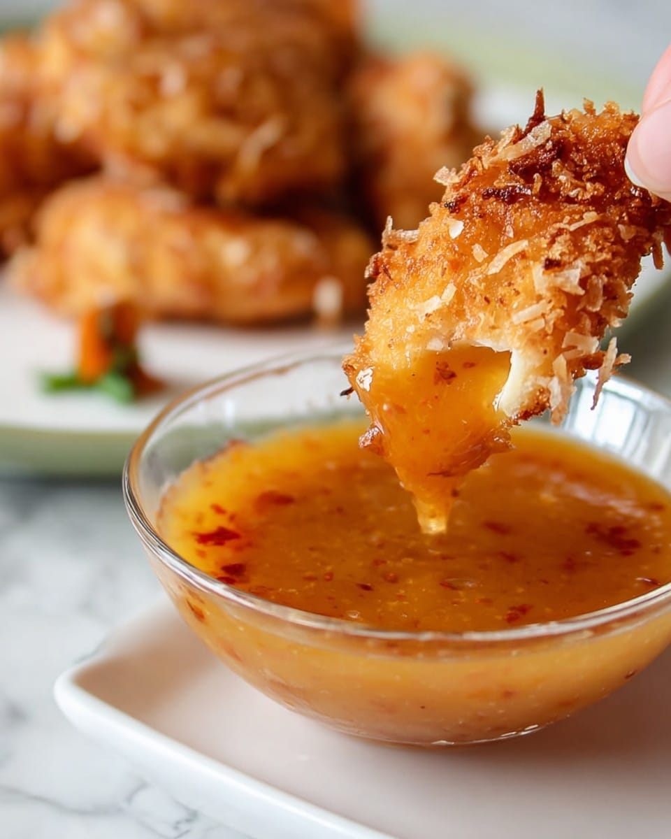 A close-up view shows a golden brown crispy piece of fried food being dipped into a glass bowl filled with thick, orange-colored sauce with some red bits visible inside. The fried piece has a rough textured coating with a hint of melted cheese inside that looks soft and slightly shiny. A woman's hand is holding the item from the top right corner. The bowl sits on a white marbled surface, and in the blurred background, more pieces of the fried food rest on a white plate with a small garnish visible. photo taken with an iphone --ar 4:5 --v 7