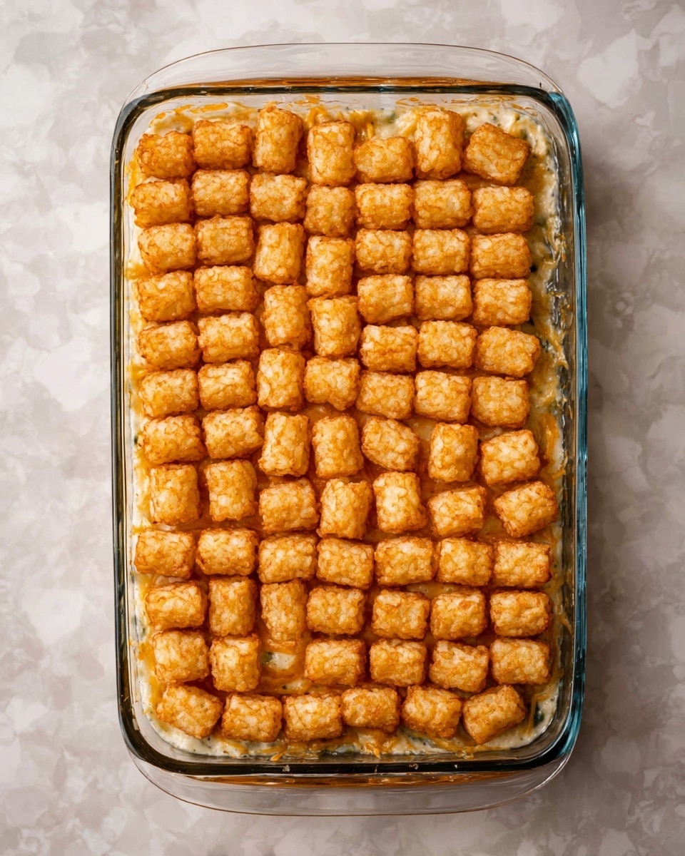 The image shows a clear rectangular glass baking dish filled with a layered tater tot casserole. The top layer is neatly covered with golden-brown crispy tater tots, arranged in tight rows and columns creating a grid pattern. Below the tater tots, there is a creamy, light-colored sauce layer that is visible on the edges, peeking through the glass dish. The dish is placed on a white marbled surface, showing slight reflections and texture. Photo taken with an iphone --ar 4:5 --v 7