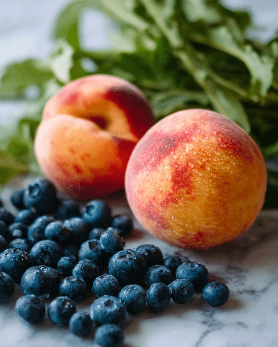 The image shows two ripe peaches with a warm orange and red color sitting on a white marbled surface. Around the peaches, there are many small, round blueberries that are deep blue with a slightly shiny texture. Behind the peaches, there is a bunch of green leaves with a soft, leafy texture adding a fresh look to the scene. Water droplets are visible on the peach skin, giving a fresh and juicy feel. photo taken with an iphone --ar 4:5 --v 7