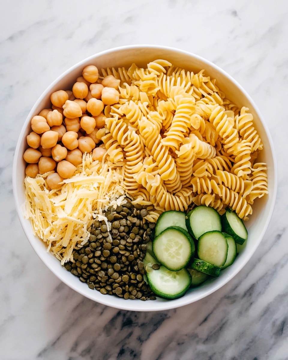 A white bowl sits on a white marbled surface, filled with five distinct food layers arranged side by side without mixing. At the top right, there is a layer of yellow spiral pasta with a smooth and slightly shiny texture. Next to it, in the top left, are round, light orange chickpeas looking firm and smooth. Below the chickpeas, a layer of thin, light yellow cheese shavings shows a dry and flaky texture. In the center, there is a small pile of dark green lentils with a matte, slightly rough surface. At the bottom right, curved slices of cucumber show a fresh green skin and pale green flesh, appearing crisp and moist. Photo taken with an iphone --ar 4:5 --v 7