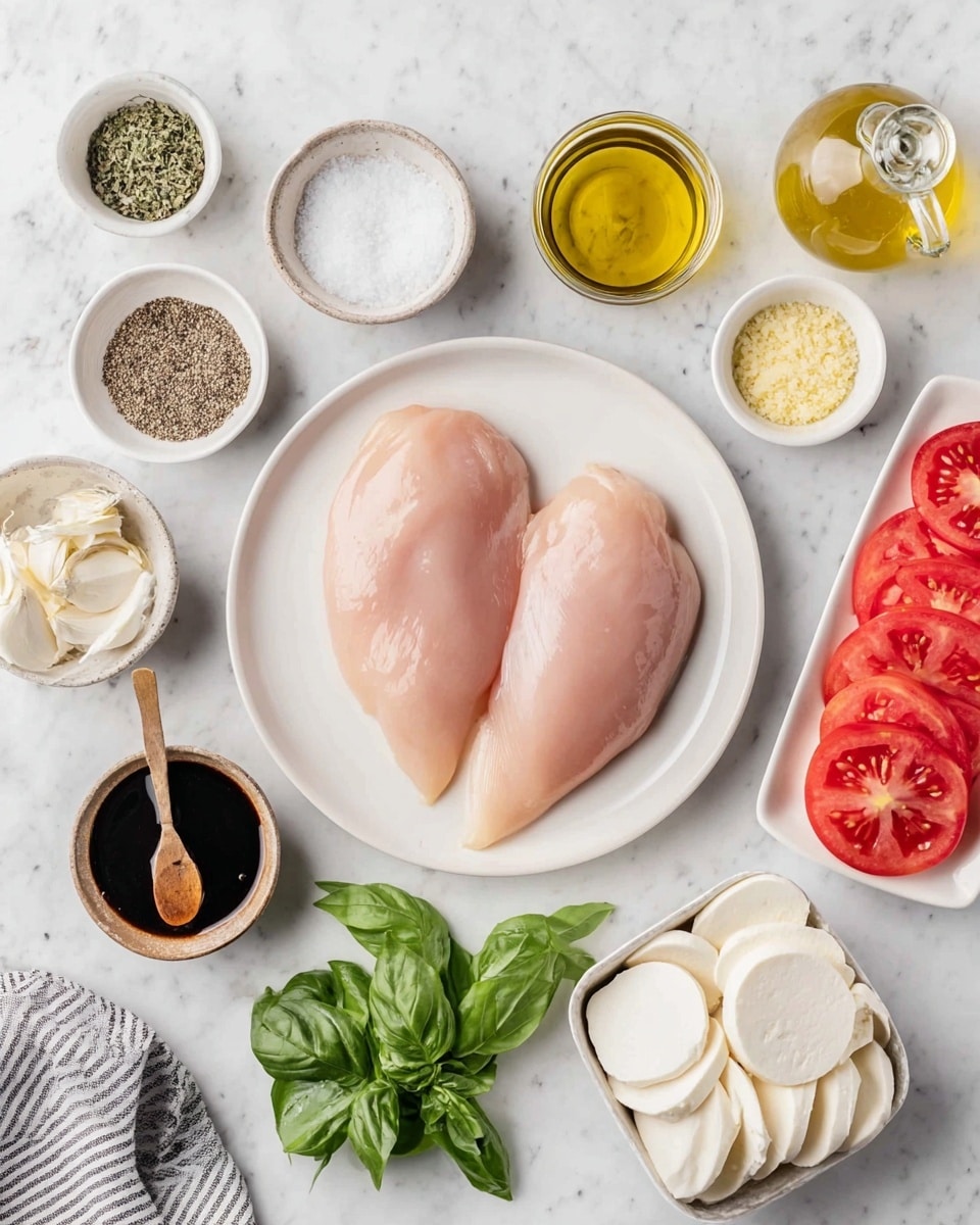 A white plate in the middle holds two raw chicken breasts, light pink with smooth texture, positioned side by side. Surrounding the plate are small white bowls and dishes on a white marbled surface. To the top left, there is a white bowl filled with dried herbs, next to a bowl of white salt, and another bowl with black pepper. To the top right, there are two glass bottles, one with a light yellow oil and the other with dark balsamic vinegar. Near the bottom right, a white bowl contains round slices of fresh white mozzarella cheese. To the bottom left, a small bowl holds dark balsamic glaze with a wooden spoon resting in it. Another small glass bowl with grated garlic and one with smooth yellow mustard are beside it. Fresh green basil leaves and bright red tomato slices in a rectangular white dish are also arranged around the plate. A gray striped kitchen towel is partially visible in the lower left corner. Photo taken with an iphone --ar 4:5 --v 7