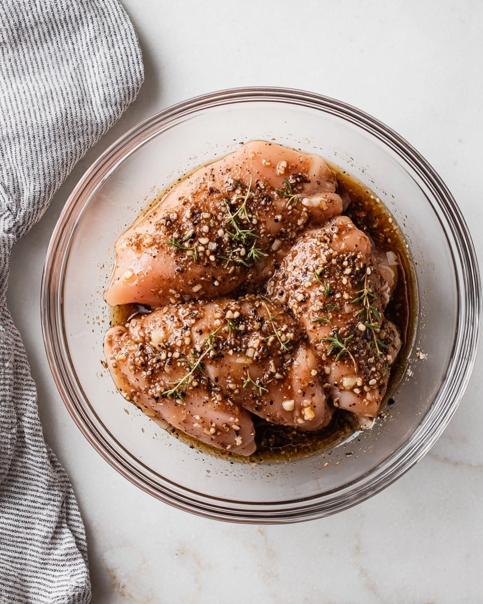 A clear round glass bowl sits on a white marbled surface, holding three raw chicken pieces layered closely together. The chicken is covered with a dark brown marinade mixed with small bits of minced garlic and black pepper, giving the surface a textured look with specks of herbs and spices scattered across. The marinade pools around the chicken, adding shine and depth to the light pink flesh underneath. A grey and white striped cloth is partially visible to the left side of the bowl. Photo taken with an iphone --ar 4:5 --v 7