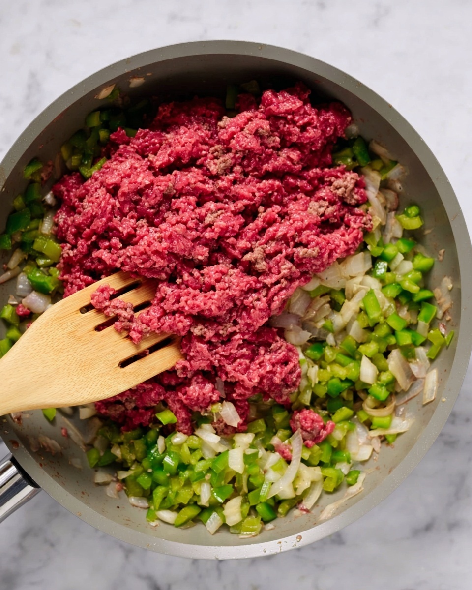 The image shows a top view of a gray pan on a white marbled surface. Inside the pan, there is a layer of sautéed chopped onions and green peppers spread evenly at the bottom, their colors a mix of translucent white and vibrant green. On top of this, a thick layer of raw ground meat in deep red color is being stirred with a light wooden spatula held by a woman's hand, partially blending the ingredients together. The scene captures mixed textures of soft cooked vegetables and moist raw meat, with the pan handles visible at the sides. Photo taken with an iphone --ar 4:5 --v 7
