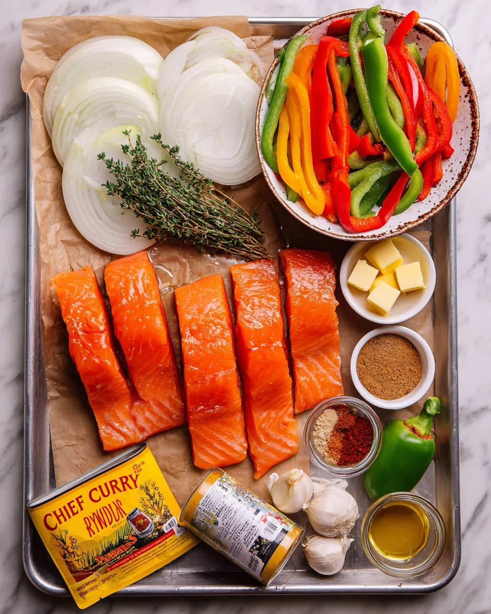 Caribbean-Style Coconut Curry Salmon Recipe 5 A metal tray holds a colorful arrangement of ingredients: four thick pieces of bright orange salmon fillets are placed in the center on a light brown paper. To the top left are layers of sliced white onions with sprigs of green thyme. On the top right, a white bowl with dark brown speckles is filled with long strips of red and green bell peppers. Around the salmon are small white bowls, one with yellow cubes of butter, another with peeled garlic cloves, and a third with reddish seasoning mix. There are also small glass containers holding a brown spice and a light yellow paste. At the bottom left, a yellow and red packet labeled
