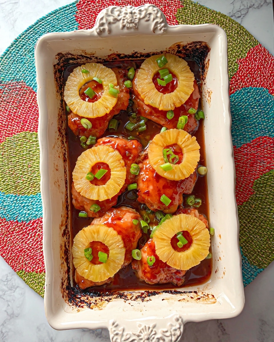 The image shows a white rectangular baking dish with ornate handles, filled with seven pieces of cooked chicken that have a shiny reddish glaze. On top of each chicken piece, there is a round, pale yellow pineapple ring with a hole in the center. The dish is garnished with small green chopped scallions scattered over the chicken and pineapples. The baking dish sits on a colorful woven mat with shades of red, blue, green, and yellow, all placed on a white marbled surface. The edges of the dish show some dark baked marks, adding a rustic feel. Photo taken with an iphone --ar 4:5 --v 7