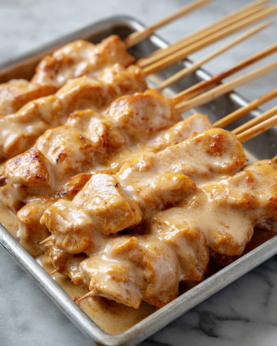 Several wooden skewers lay on a metal tray filled with small chunks of light orange meat coated in a thick, creamy sauce. The meat pieces are irregular in shape and closely packed on each skewer, with the sauce having a smooth, glossy texture and slightly speckled appearance. The tray rests on a white marbled surface, creating a clean and simple background. photo taken with an iphone --ar 4:5 --v 7