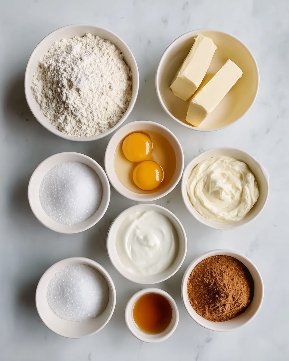 A top-down view shows nine small white bowls arranged neatly on a white marbled surface. The top row has three bowls: one filled with white flour that has a soft, powdery texture; the middle one empty; and the last holds two pale yellow butter sticks stacked. The second row has two bowls: one with two raw eggs showing bright yellow yolks and clear whites, and the other with a smooth white liquid. The third row has three bowls: the left bowl contains fine white sugar, the middle one full of thick white cream, and the right one is filled with brown cinnamon powder with a slightly grainy texture. The bottom row has two left-over bowls, the left one with white granulated salt, and the right one with amber-colored vanilla extract, both with smooth surfaces. The bowls are spaced equally and sit cleanly on the marble. photo taken with an iphone --ar 4:5 --v 7