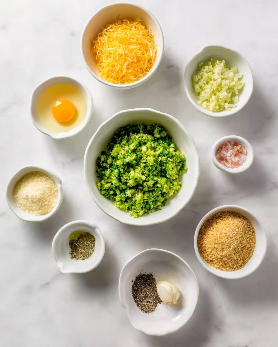 The image shows nine small white bowls arranged on a white marbled surface. The largest bowl is in the center, filled with finely chopped green broccoli. Surrounding it are eight smaller bowls: one with bright orange shredded cheese, one with a raw egg yolk in clear egg white, one with light brown breadcrumbs, one with white grated Parmesan cheese, one with finely chopped yellow onion, one with minced garlic, one with pink Himalayan salt, and another with ground black pepper. The bowls are evenly spaced, each showing the different textures and colors of the ingredients clearly. Photo taken with an iphone --ar 4:5 --v 7
