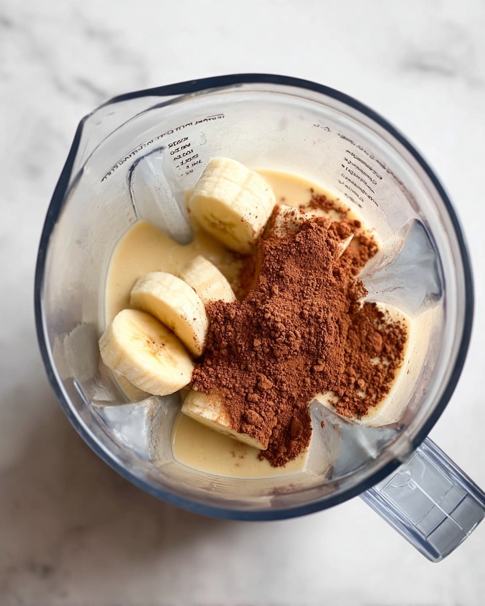 A clear blender jar is shown from above on a white marbled surface, filled with three main layers of ingredients: a bottom layer of light beige liquid, round banana slices on top of the liquid, and a heap of fine brown cocoa powder resting on one side, partially covering some banana pieces. Photo taken with an iphone --ar 4:5 --v 7