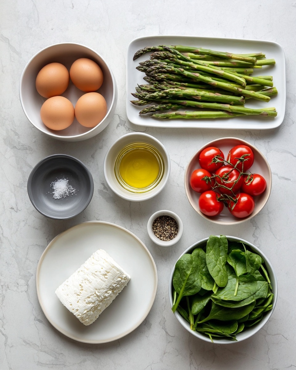 The image shows several ingredients arranged neatly on a white marbled surface. On the top left, there is a white bowl holding three brown eggs. To the right, a white rectangular plate is filled with green asparagus spears lined up horizontally. Below the eggs, there is a small white bowl with a clear glass container of golden olive oil. Next to it to the right, a white bowl holds a cluster of red cherry tomatoes still on their vine. Below the oil, a white plate has a small, cylindrical block of white goat cheese with some crumbles beside it. To the right of the tomatoes, a larger white bowl is full of fresh green spinach leaves. On the bottom right, two small gray bowls contain coarse salt and ground black pepper. The overall colors are natural with whites, greens, reds, and browns, all on the clean white marbled background. photo taken with an iphone --ar 4:5 --v 7