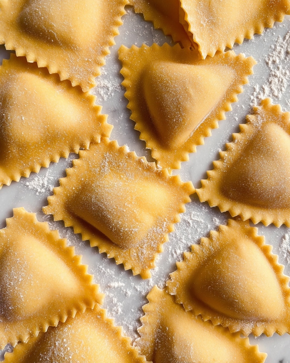 The image shows several raw ravioli pieces laid flat on a white marbled surface dusted with white flour. Each ravioli is pillow-shaped with smooth, slightly raised centers showing the filling inside, surrounded by flat edges that are crimped in a zigzag pattern. The pasta dough is a warm golden yellow color with fine texture, and the flour lightly dusts the surface and parts of the ravioli, giving a powdery look. The ravioli pieces are arranged close together but not stacked, filling the whole frame evenly. photo taken with an iphone --ar 4:5 --v 7