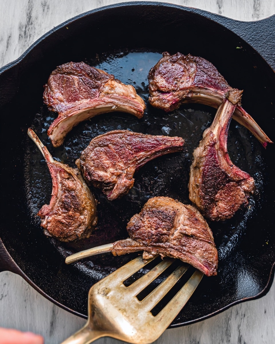 The image shows six lamb chops cooking in a black cast iron skillet. Each chop has a long bone on one side with browned, seared meat around it, showing different shades of rich brown with some pinkish areas indicating they are still cooking. The texture of the meat varies from crispy edges to softer, juicy parts. A gold metal spatula is held by a woman's hand, sliding under one of the chops on the left side of the skillet. The skillet sits on a white marbled surface. photo taken with an iphone --ar 4:5 --v 7