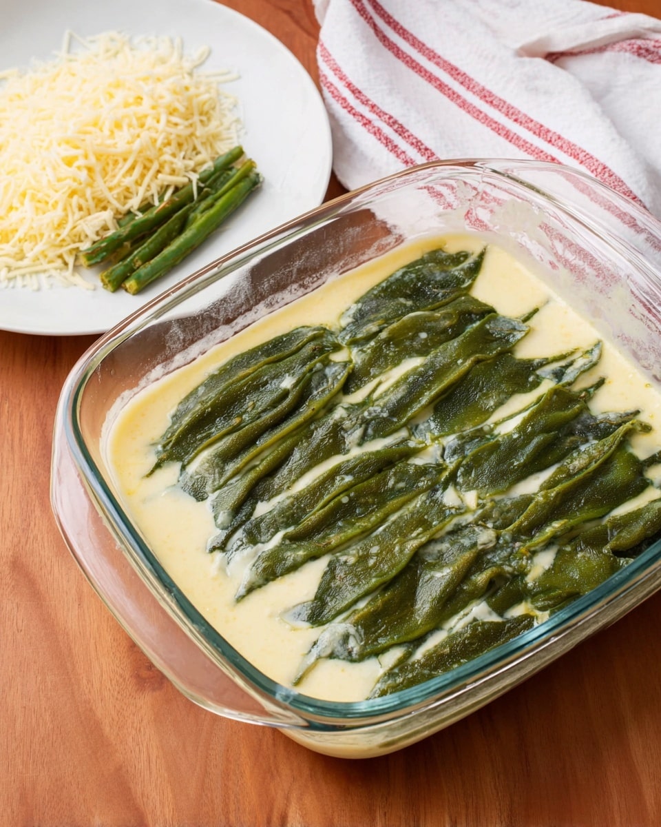In a clear glass baking dish, a layer of creamy light yellow sauce serves as the base, topped with a neat second layer of dark green strips of roasted or cooked nopales (cactus paddles) arranged side by side to cover the sauce. In the background, on a white plate, there is a separated mound of pale yellow shredded cheese and a few more green nopales pieces. A white towel with red stripes is draped on a wooden surface, which should be imagined as a white marbled texture. Photo taken with an iphone --ar 4:5 --v 7