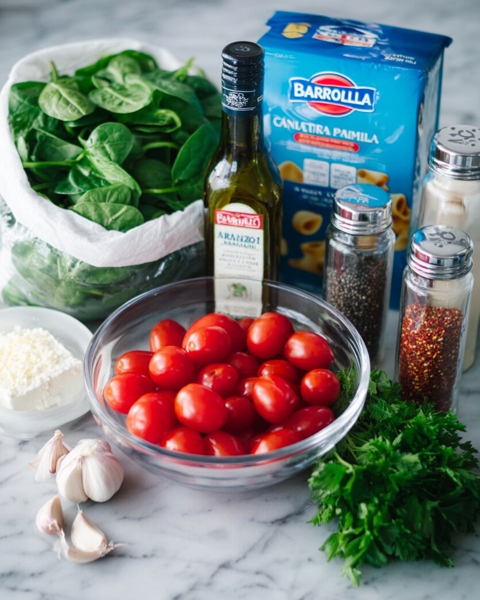 The image shows a clear glass bowl filled with bright red cherry tomatoes placed on a white marbled surface. Behind the bowl, there is a large white bag of fresh green baby spinach leaves on the left and a blue box of Barilla Campanelle pasta in the middle. To the right are a dark green bottle of extra virgin olive oil, two clear containers with silver tops holding black pepper and red pepper flakes, and a bunch of fresh green basil and parsley. In front of the spinach bag, there is a white container of feta cheese next to a few cloves of garlic resting on the marble surface. Photo taken with an iphone --ar 4:5 --v 7