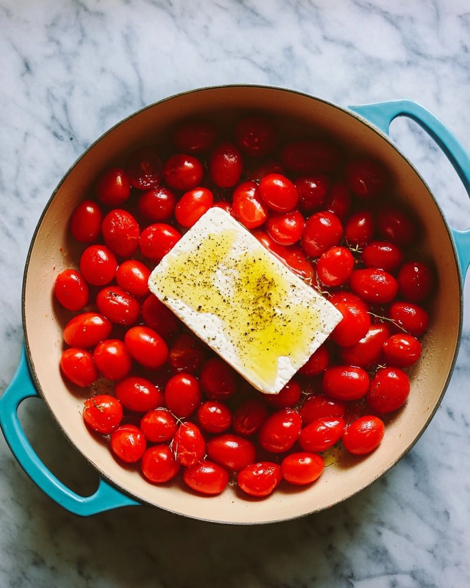 A round white pot filled with many bright red cherry tomatoes covering almost the entire base, with a block of white cheese placed in the center on top of the tomatoes. The cheese has golden yellow olive oil drizzled over it and some black pepper sprinkled. The pot has blue handles and sits on a white marbled surface. photo taken with an iphone --ar 4:5 --v 7