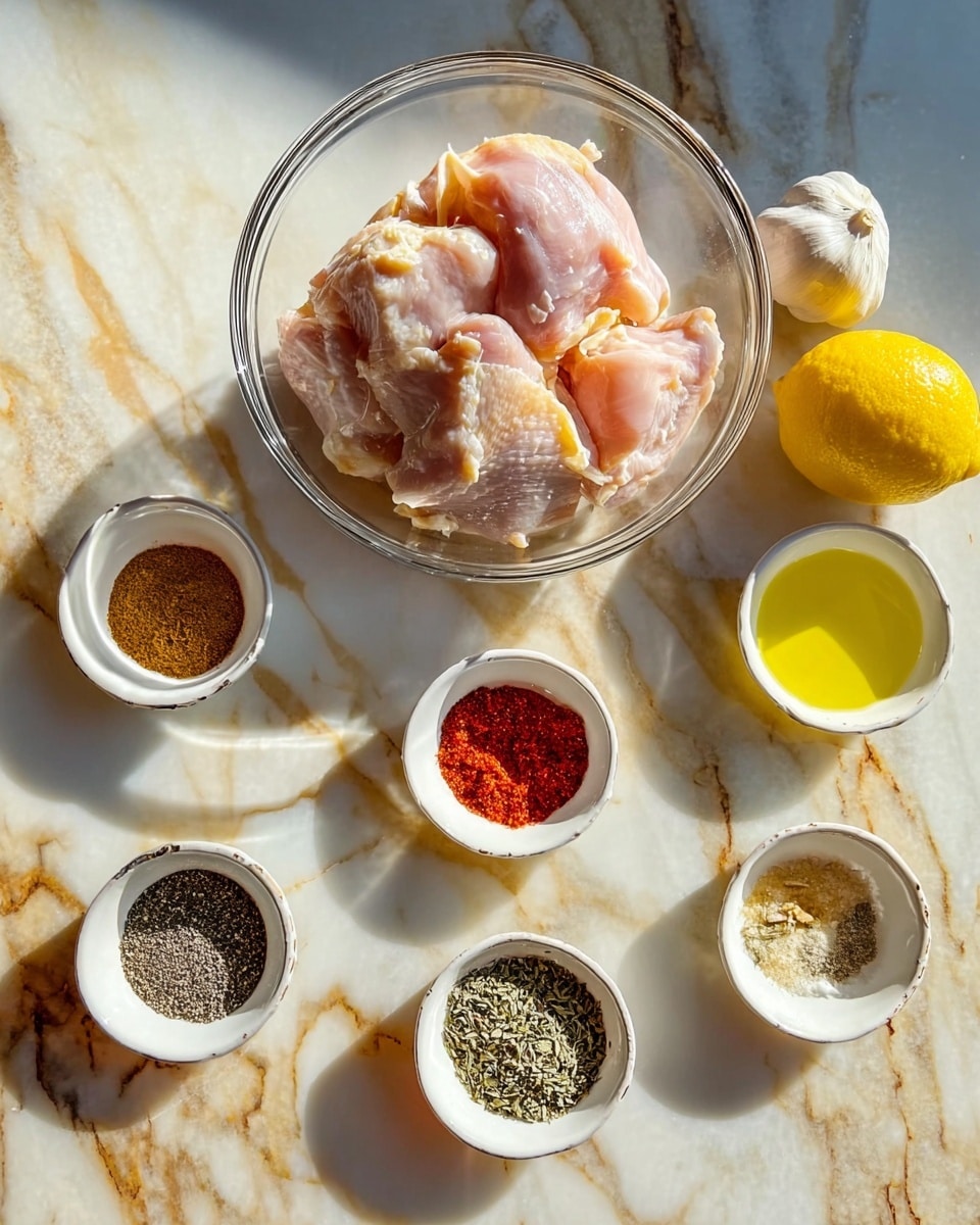 A clear glass bowl filled with raw chicken pieces sits in the center on a white marbled surface. Surrounding the bowl are six small white dishes evenly spaced around it, each containing different ingredients: one has a brown spice powder, another a bright red spice, a third one with a coarse salt or white granules, the fourth bowl holds a heap of black pepper powder, the fifth bowl has dried greenish herbs, and the sixth dish contains a yellow liquid, likely oil. A yellow lemon and a small whole white garlic bulb lie beside the bowls. The setup is bright with natural light. Photo taken with an iphone --ar 4:5 --v 7