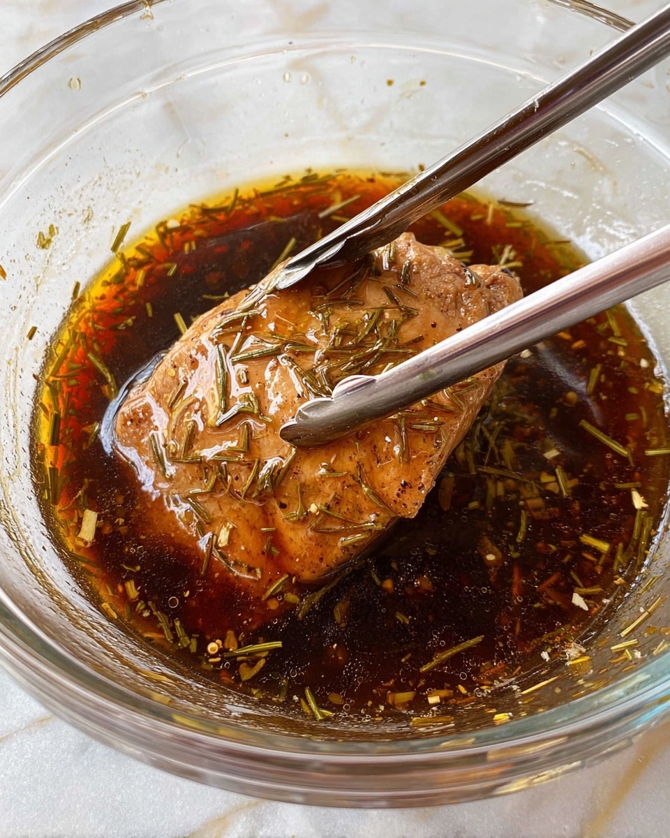 A clear glass bowl holds a single piece of light brown meat soaked in a dark brown liquid with small green herb flakes spread evenly throughout. Silver metal tongs are gripping the meat, with the texture of the liquid looking slightly oily and shiny, and the bowl resting on a white marbled surface. The overall look is close-up and detailed, showing the wet surface of the meat and the floating herbs clearly. photo taken with an iphone --ar 4:5 --v 7