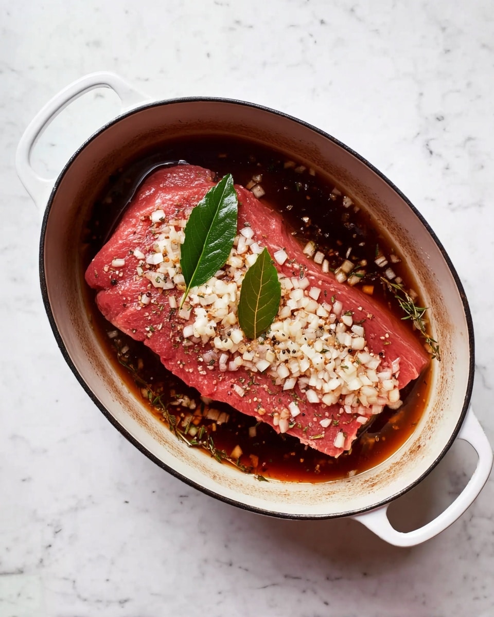 The image shows an oval white pot with two handles on each side, sitting on a white marbled surface. Inside the pot, there is a single large piece of raw red meat, topped with small chopped white onions and sprinkled black pepper. The meat is surrounded by a clear dark brown liquid, and two green bay leaves float in the liquid near the meat. The texture of the onions is fine and scattered around evenly on the meat, and the pot's inside has a slightly worn look. Photo taken with an iphone --ar 4:5 --v 7