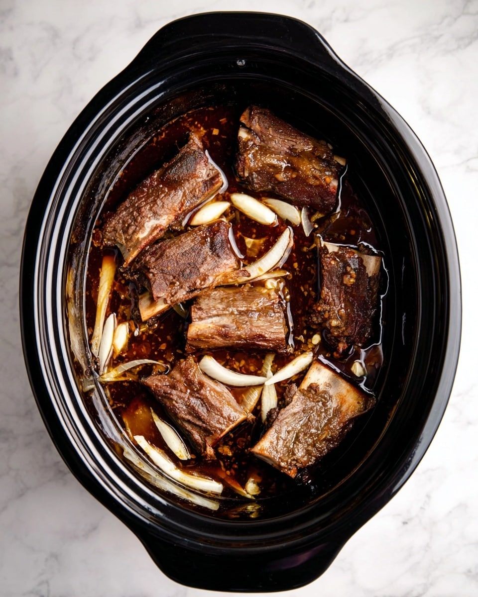 Inside a black slow cooker on a white marbled surface, there are five large pieces of browned ribs placed unevenly in a shallow layer of dark brown sauce. Thin, pale strips of onion are scattered around and under the ribs, mixed with bits of garlic floating in the sauce. The ribs show a varied texture with some parts looking charred and crispy while others are tender. The sauce has a slightly oily surface, adding shine to the meat and onions photo taken with an iphone --ar 4:5 --v 7