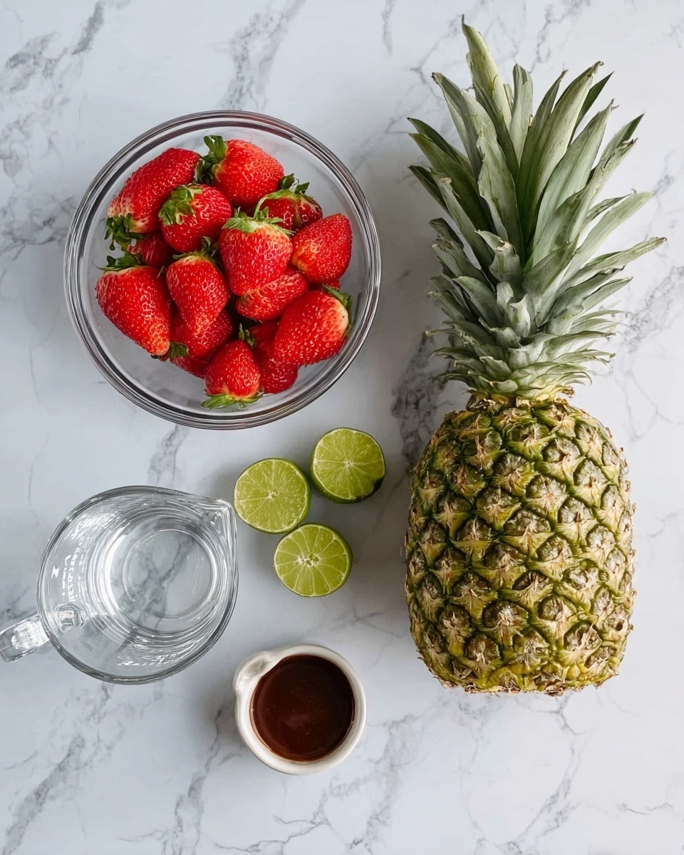 The image shows a top view of several ingredients arranged on a white marbled surface. There is one whole pineapple on the right side with a green leafy top and yellow-green skin texture. To the left of the pineapple, a clear glass bowl is filled with bright red strawberries, each with green stems visible. Below the bowl of strawberries, two lime halves are placed, showing their pale green inner flesh. Near the lime halves, a small round white container holds a dark brown thick liquid. At the bottom left corner, there is a clear glass measuring cup filled with water. The setting is simple, with all items clearly visible against the white marbled background. Photo taken with an iphone --ar 4:5 --v 7