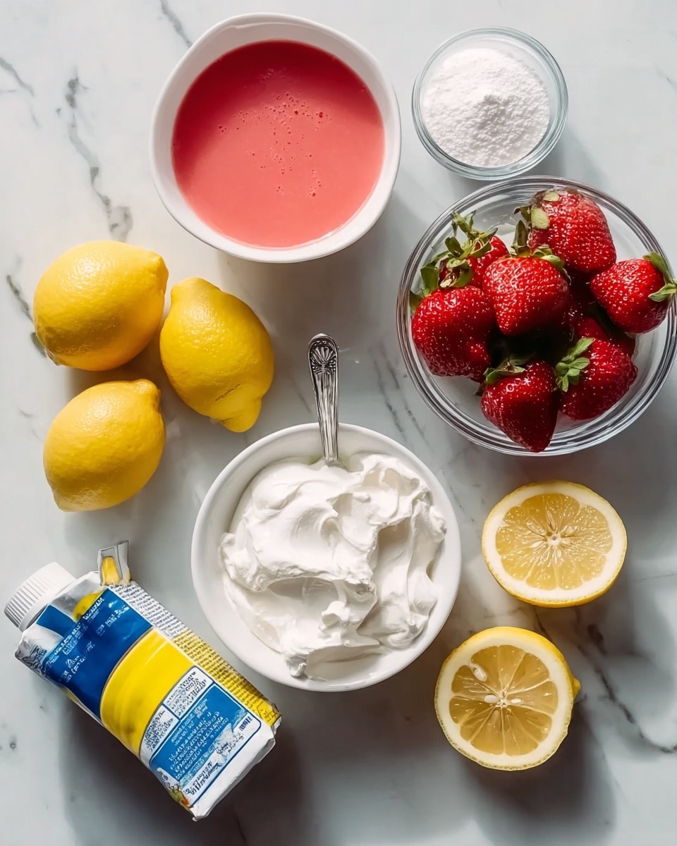 The image shows several ingredients arranged neatly on a white marbled surface, including three whole bright yellow lemons on the left side and two lemon halves on the right. A clear bowl filled with fresh, red strawberries with green leaves is positioned in the upper right. In the center, there is a white bowl with a pinkish-red liquid. Next to it, there is a small white bowl filled with fluffy white cream with a spoon resting in it. A bowl of white powdered sugar is placed above the pink liquid. On the bottom left, there is a carton container lying on its side, mostly blue and yellow in color. The scene is well-lit, highlighting the freshness and color contrast of all the ingredients photo taken with an iphone --ar 4:5 --v 7